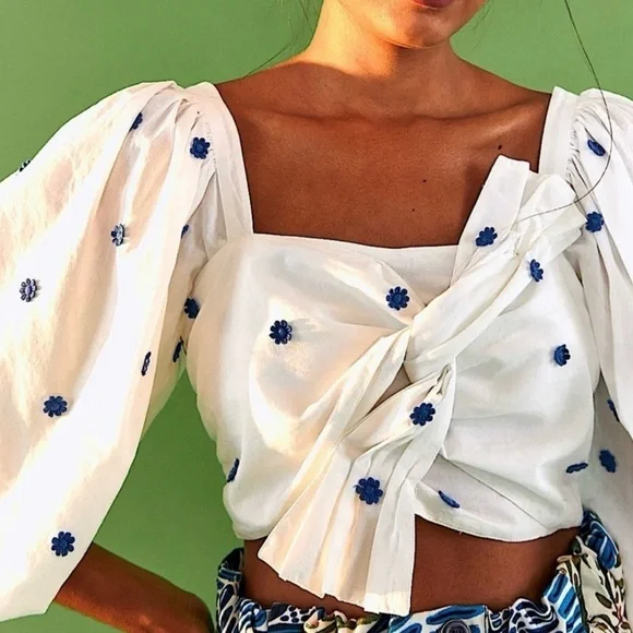 FARM Rio White and Blue Puff Sleeve Crop Top - Picture 9 of 9